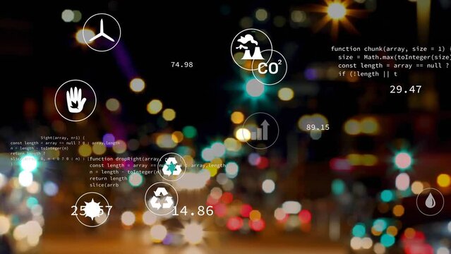 Animation of multiple digital icons and data processing against blurred view of night city traffic
