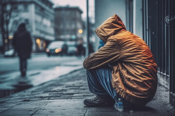 Homeless man sitting on the street, generative ai - obrazy, fototapety, plakaty