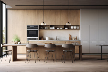 Interior of modern kitchen with white and wooden walls, wooden floor, wooden cupboards and built in cooker. 3d rendering