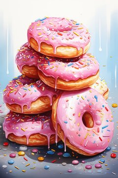 stack of colorful donuts in watercolor style, AI Generated