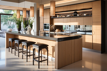 interior of modern kitchen with wooden furniture, 3d render illustration