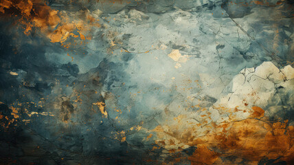 Grungy Blue Wall with Orange Flowers in Vintage Inspired Floral Art on a Cracked and Textured Wall AI Generated