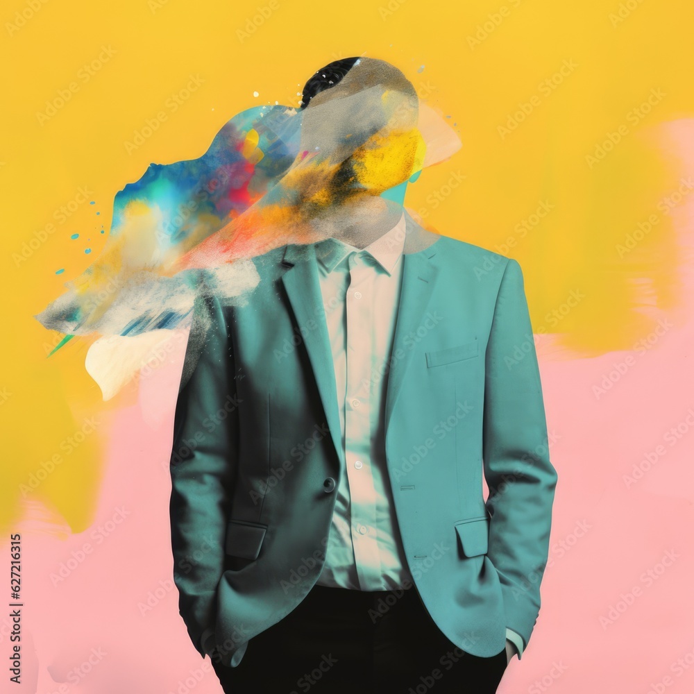 Wall mural man with face covered by paints on yellow to pink background, created using generative ai technology