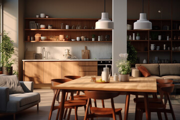 3d Illustration of a modern kitchen interior design in a loft style