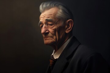 Fototapeta premium Portrait of pensive old man on dark background, created using generative ai technology