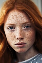 Portrait of red haired girl with blue eyes and freckles, created using generative ai technology