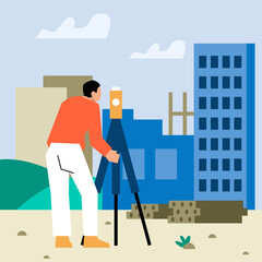 Surveyor takes measurements near building. Construction process concept. Worker build house and controlling process. Flat vector illustration in blue colors in cartoon style