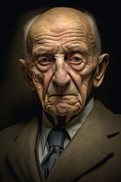 Portrait of pensive old man on black background, created using generative ai technology