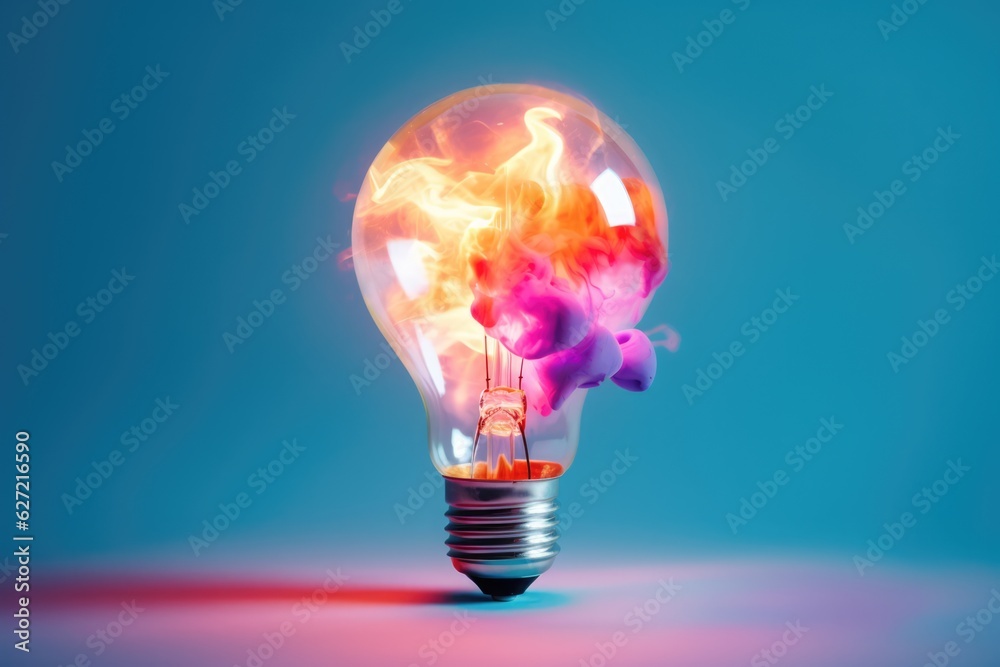 Wall mural light bulb with colour explosion on blue background, created using generative ai technology