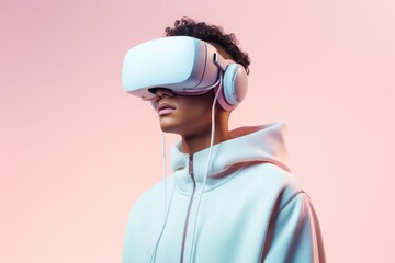 Biracial man wearing vr and ar headset on pink background, created using generative ai technology
