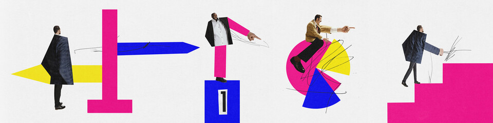 Creative abstract contemporary collage made of shots of young men of hierarchy in work. Emotions in...
