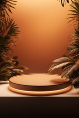 Fototapeta premium Round display podium with plants on orange background, created using generative ai technology