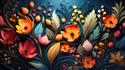 Blue and Orange Colorful Flower Pattern Illustration with Symmetrical Arrangement AI Generated