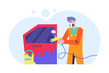 Professional worker painting auto in workshop. Auto repair service station. Auto service business owner. Technic occupation. Flat vector illustration in cartoon style
