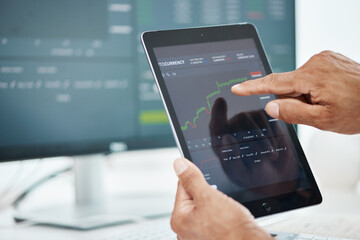 Tablet screen, stock market and hands of man in office for investment graph, cryptocurrency and finance. Digital, technology and research with closeup of person for economy, analytics or trading
