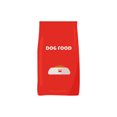 Red dog food packaging. Bag for dry canned food for pets in flat style, vector illustration on white, eps 10.