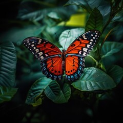 Obraz premium White, orange and black butterfly perched on leaf, created using generative ai technology