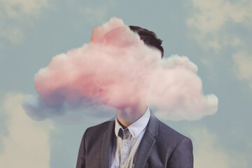 Man with face covered by cloud on blue background, created using generative ai technology