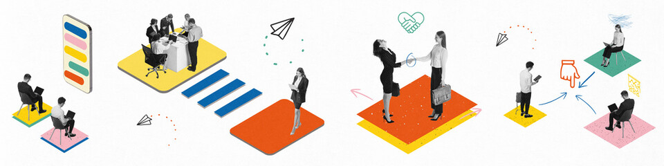 Contemporary artwork. Young businessmen in working process. Concept of business, work, coworking...