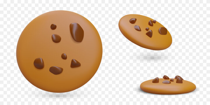 Set of realistic chocolate crump chip cookies. Delicious sweet pastry. Traditional home made bakery. Classic snacks. Isolated image in cartoon style. Color vector culinary icons