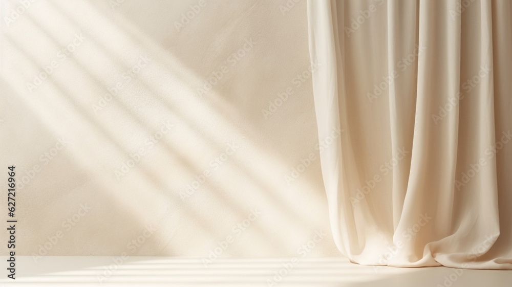 Poster empty curtains stage light on beige background. mock up product display podium with generative ai.