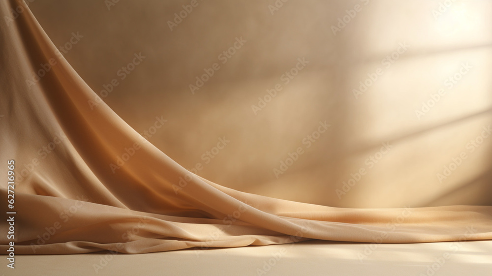 Poster empty curtains stage light on beige background texture. mock up product display podium with generati