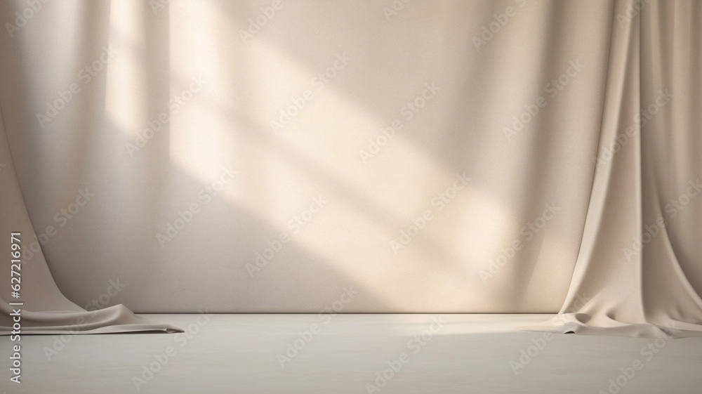 Poster empty curtains stage light on beige background. mock up product display podium with generative ai.
