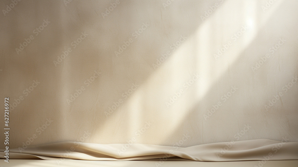 Poster empty curtains stage light on beige background texture. mock up product display podium with generati
