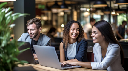 Cheerful business colleagues watching a presentation on a laptop bright light