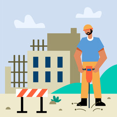 Man in uniform and helmet holding jackhammer and crushing ground. Construction process concept. Flat vector illustration in green colors in cartoon style