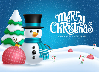 Merry christmas text vector design. Christmas snow man character with xmas balls and pine tree in snow winter outdoor background. Vector illustration season greeting card. 