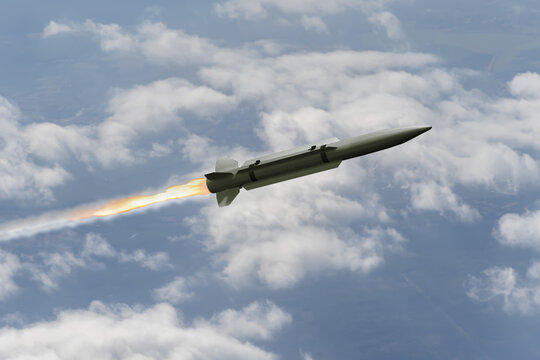 Anti-aircraft missile in the sky above the clouds, missile launch trace, 3d rendering. Concept: war in Ukraine, anti-aircraft defense by military complexes, military aid, protection of the sky.