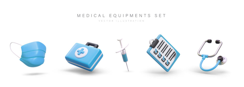 Set of different medical equipment. 3d realistic protective mask, box with medical aid, syringe, clipboard and stethoscope. Online medical store. Vector illustration in blue colors