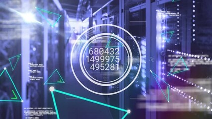 Animation of changing numbers on round scanner, plexus networks against computer server room - Powered by Adobe