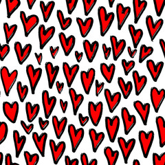 Seamless pattern with abstract red hearts. Hand drawn ink print for fabric, textiles, wrapping paper. Vector illustration