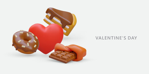 Tasty 3d realistic chocolate cake, donut, milk chocolate and heart. Buying sweets for holiday. Sweet gift for Valentine Day. Vector illustration in red colors