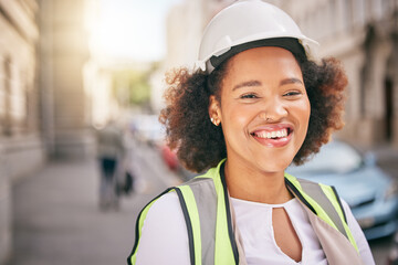 Happy woman, portrait and architect in city for construction, industrial ambition or outdoor career. Face of female person, contractor or engineer smile for architecture or building in urban street