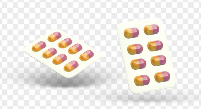 Realistic blisters with colored capsules. Glossy medicine packaging. Oval tablets. Dosed medications. Isolated images, view from different sides. Medical drugs icon. Vector concept for web design