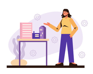 Young lady presenting layout with buildings. Building construction planning. Architect working on project. Process of create house project. Flat vector illustration in purple colors