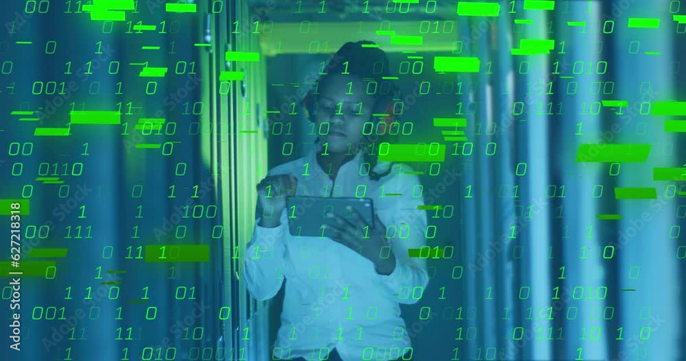 Poster animation of binary coding against african american female engineer using tablet at server room