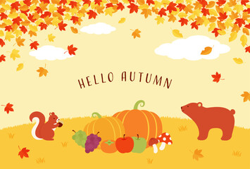 autumn forest vector background with harvests and animals for banners, cards, flyers, social media wallpapers, etc.