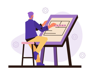 Young designer working in salon with project. Building construction planning. Architect working on project. Process of create house project. Flat vector illustration in purple colors
