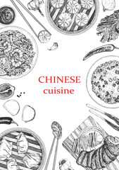 Chinese Restaurant Menu. Hand-drawn illustration of dishes and products. Ink. Vector