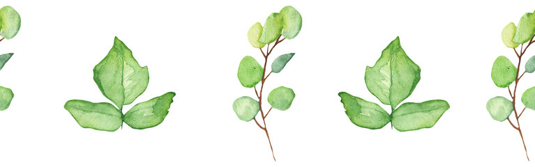 Fototapeta premium Seamless border green leaves trees and branches, foliage of natural branches, green leaves, herbs, tropical plants hand drawn watercolor on white background.