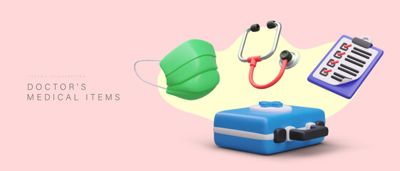 Poster with medical items. Doctor kit for doctor for examine patient. Box for first aid. Protection mask for medical worker. Vector illustration with place for text