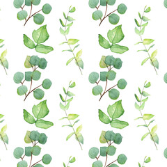 Seamless pattern green leaves trees and branches, foliage of natural branches, green leaves, herbs, tropical plants hand drawn watercolor on white background.