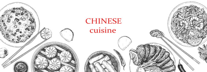 Chinese Restaurant Menu. Hand-drawn illustration of dishes and products. Ink. Vector