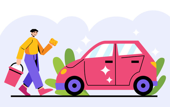 Male holding bucket and sponge and going to clean auto. Place for auto transport wash. Clean dirt on machine under high water pressure. Flat vector illustration in cartoon style
