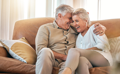 Old couple on sofa, hug and retirement together, love and care in marriage with people at home....
