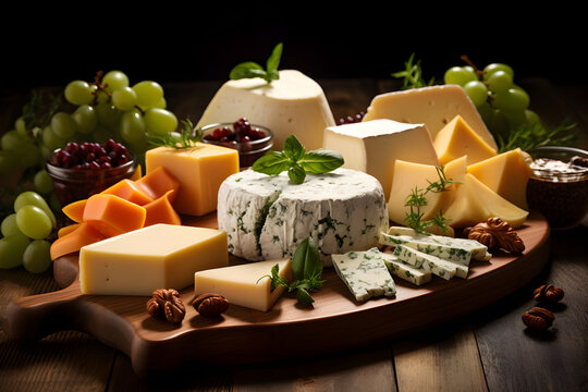 Assorted cheeses with grapes, fruit and nuts on wooden board, composition with different types of cheeses